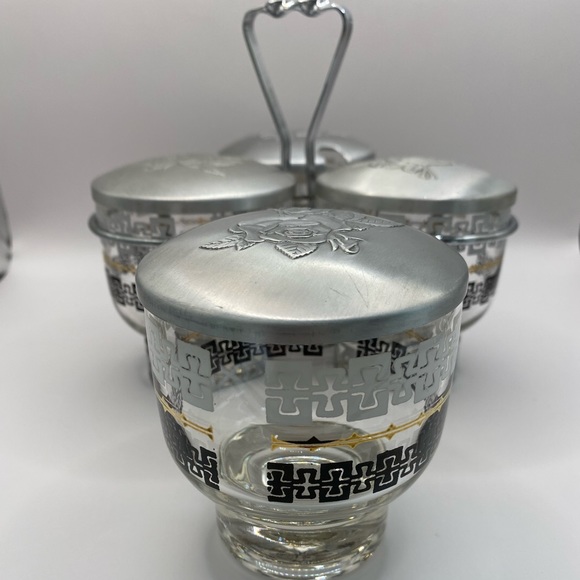 Libby Glass MCM 7pc condiment caddy set. Vintage glass w/ aluminum lids. - Picture 10 of 15